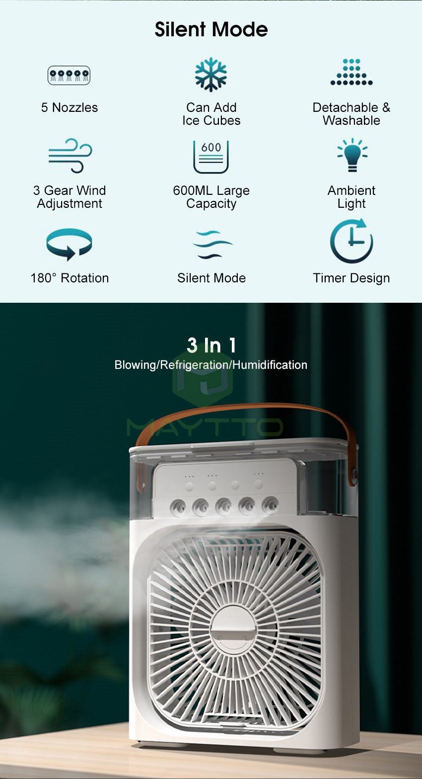 ✨ Smart Portable Air Cooler Fan 🌡️ 3-Speed Wind • 600ML Water Storage • 7-Color Night Light • Auto Timer