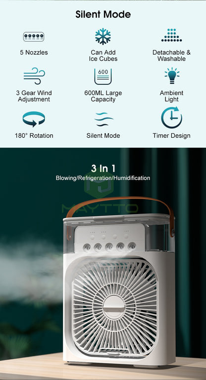 ✨ Smart Portable Air Cooler Fan 🌡️ 3-Speed Wind • 600ML Water Storage • 7-Color Night Light • Auto Timer