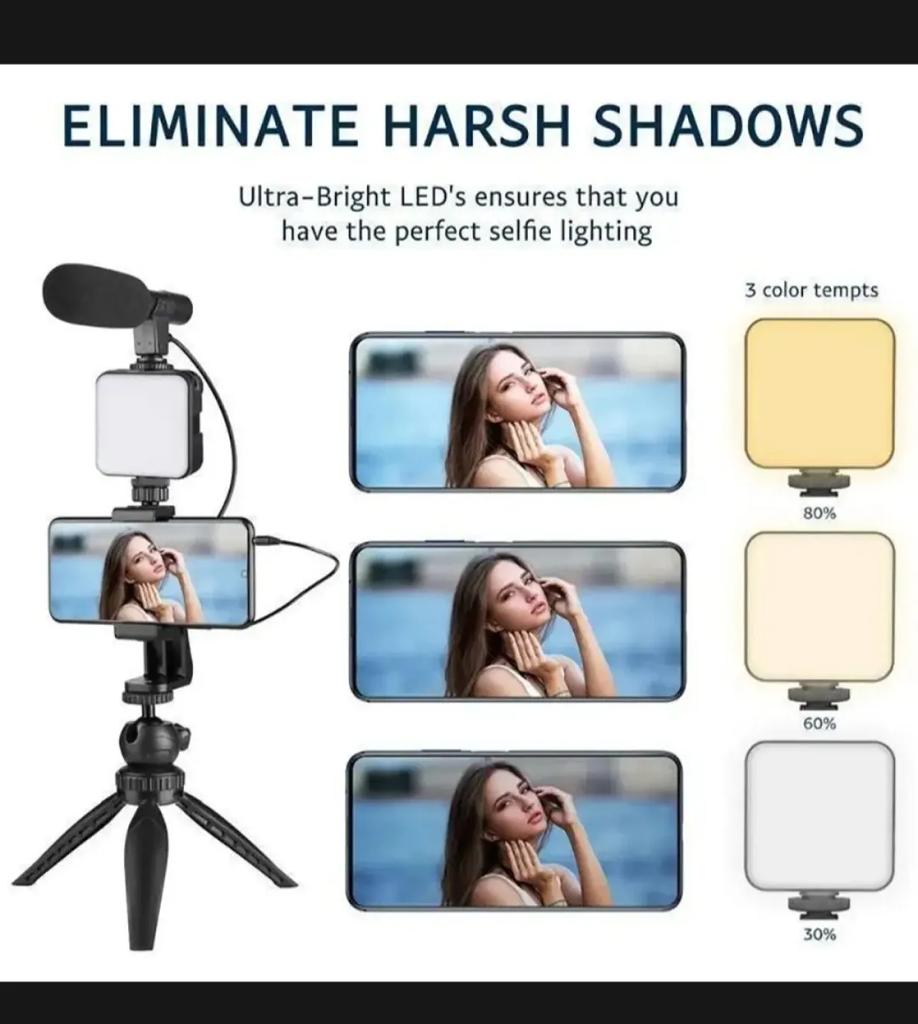 🎬 3‑in‑1 Mobile Vlogging Kit 📱 LED Light + Microphone + Tripod Stand for Content Creators ✨