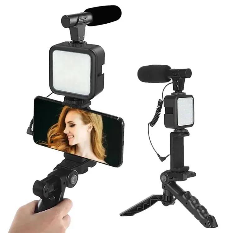 🎬 3‑in‑1 Mobile Vlogging Kit 📱 LED Light + Microphone + Tripod Stand for Content Creators ✨