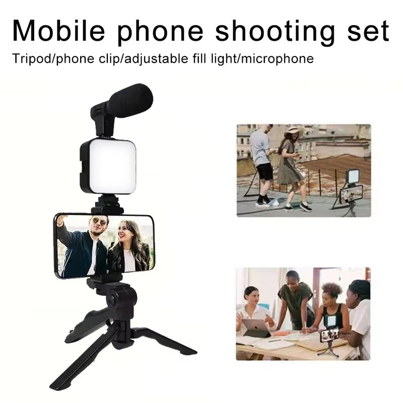 🎬 3‑in‑1 Mobile Vlogging Kit 📱 LED Light + Microphone + Tripod Stand for Content Creators ✨