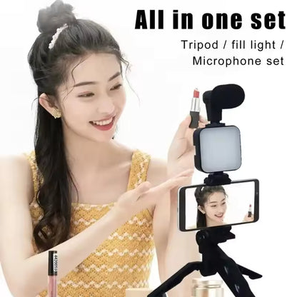 🎬 3‑in‑1 Mobile Vlogging Kit 📱 LED Light + Microphone + Tripod Stand for Content Creators ✨