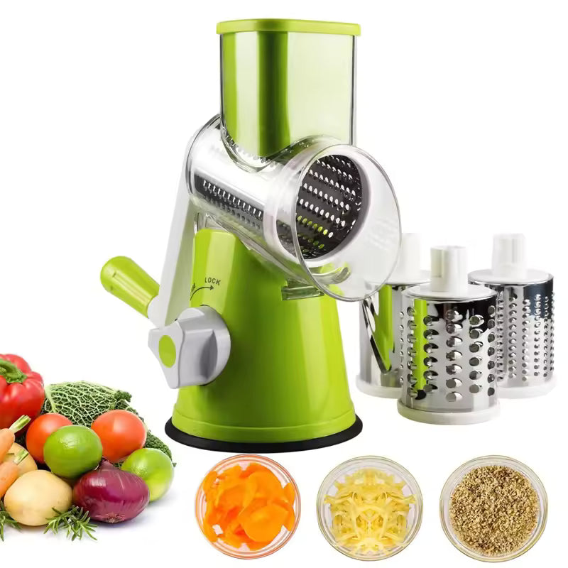 Manual Rotary Vegetable Cutter with 3 Stainless Steel Blades – Kitchen Slicer & Grater