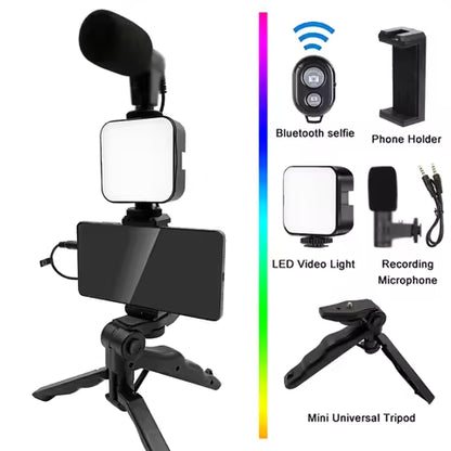 🎬 3‑in‑1 Mobile Vlogging Kit 📱 LED Light + Microphone + Tripod Stand for Content Creators ✨