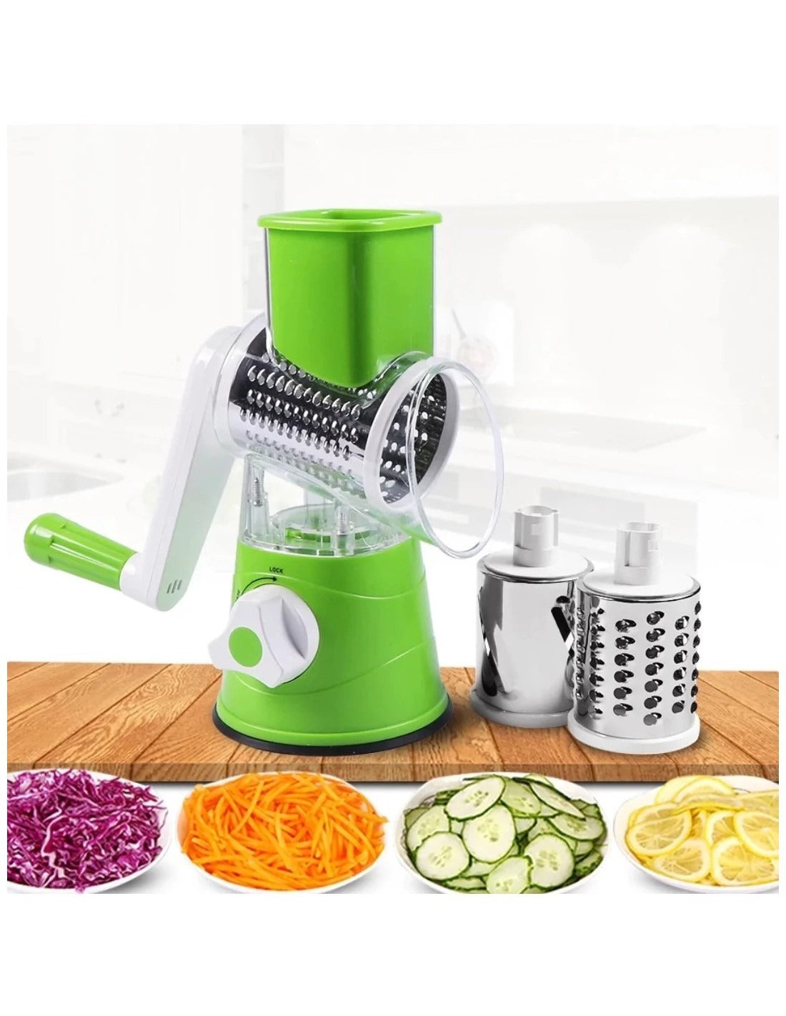 Manual Rotary Vegetable Cutter with 3 Stainless Steel Blades – Kitchen Slicer & Grater