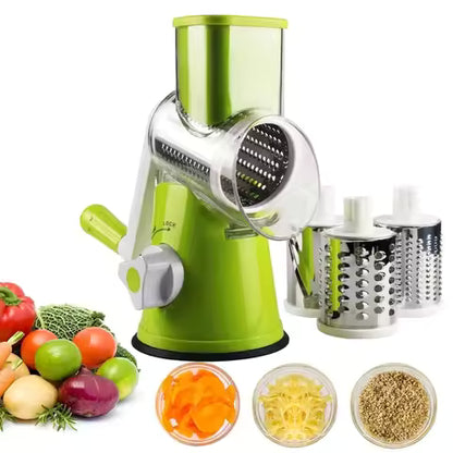 Manual Rotary Vegetable Cutter with 3 Stainless Steel Blades – Kitchen Slicer & Grater
