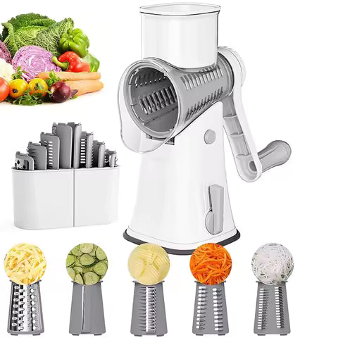 Manual Rotary Vegetable Cutter with 3 Stainless Steel Blades – Kitchen Slicer & Grater