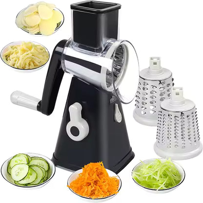 Manual Rotary Vegetable Cutter with 3 Stainless Steel Blades – Kitchen Slicer & Grater
