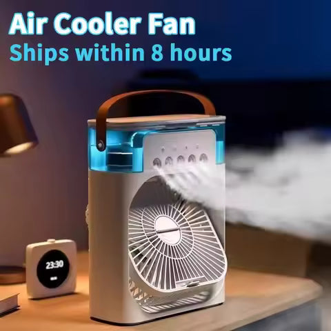 ✨ Smart Portable Air Cooler Fan 🌡️ 3-Speed Wind • 600ML Water Storage • 7-Color Night Light • Auto Timer