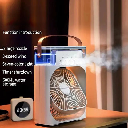 ✨ Smart Portable Air Cooler Fan 🌡️ 3-Speed Wind • 600ML Water Storage • 7-Color Night Light • Auto Timer